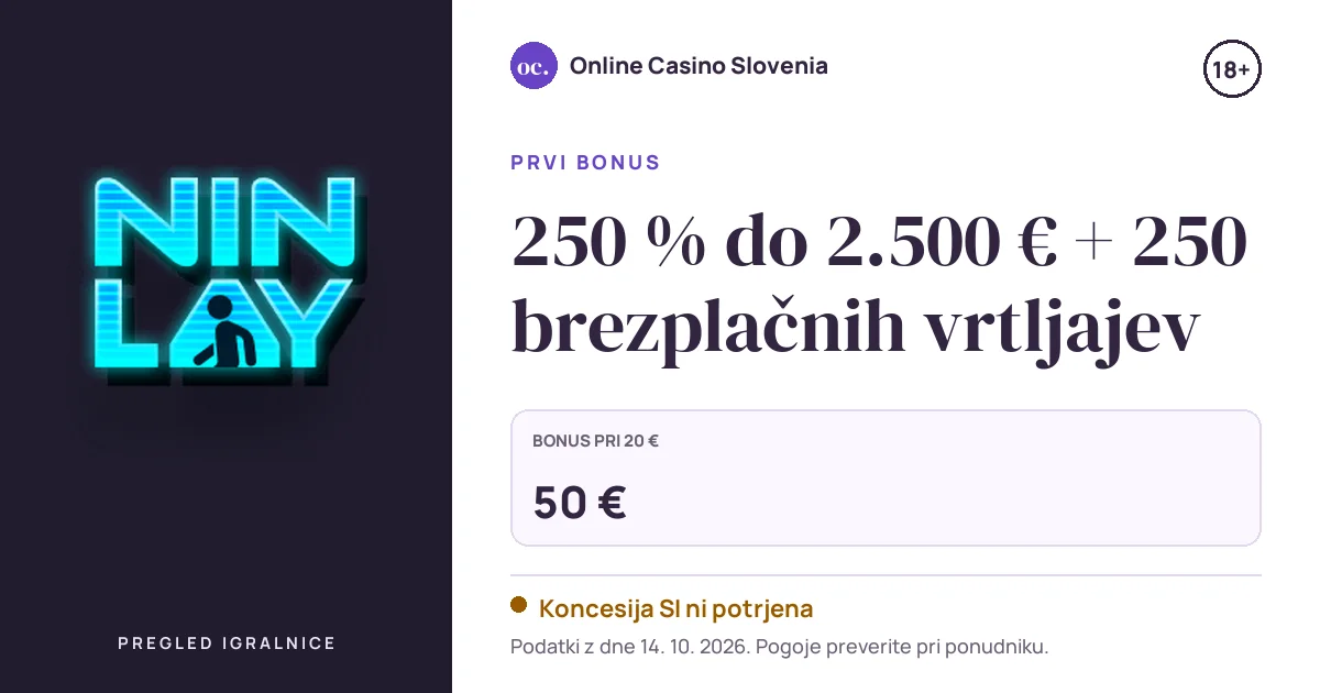 Bonus Ninlay Casino: 250 % do 2.500 € + 250 brezplačnih vrtljajev
