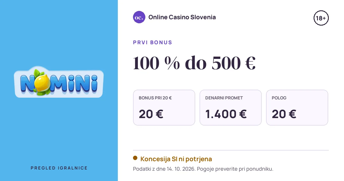 Bonus Nomini: 100 % do 500 €, polog 20 €, odigravanje 35×