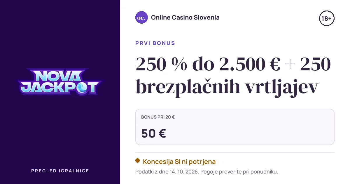 Bonus Novajackpot Casino: 250 % do 2.500 € + 250 brezplačnih vrtljajev