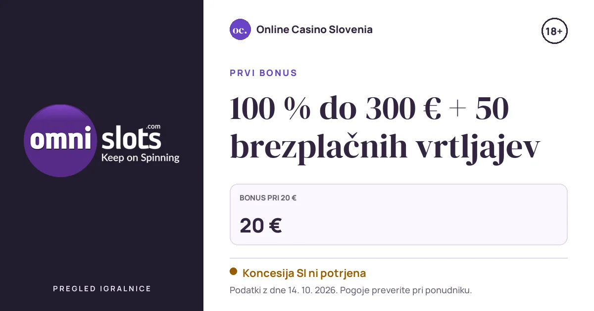 Bonus Omni slots Casino: 100 % do 300 € + 50 brezplačnih vrtljajev