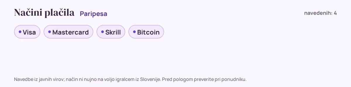 Načini plačila pri Paripesa: Visa, Mastercard, Skrill, Bitcoin