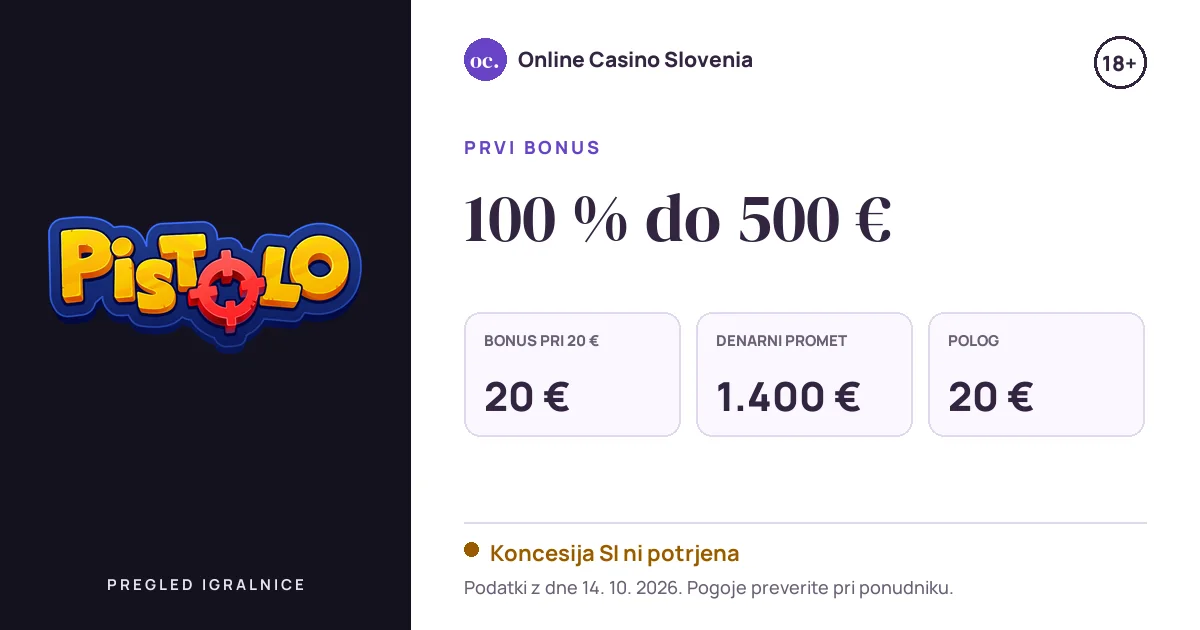 Bonus Pistolo Casino: 100 % do 500 €, polog 20 €, odigravanje 35×