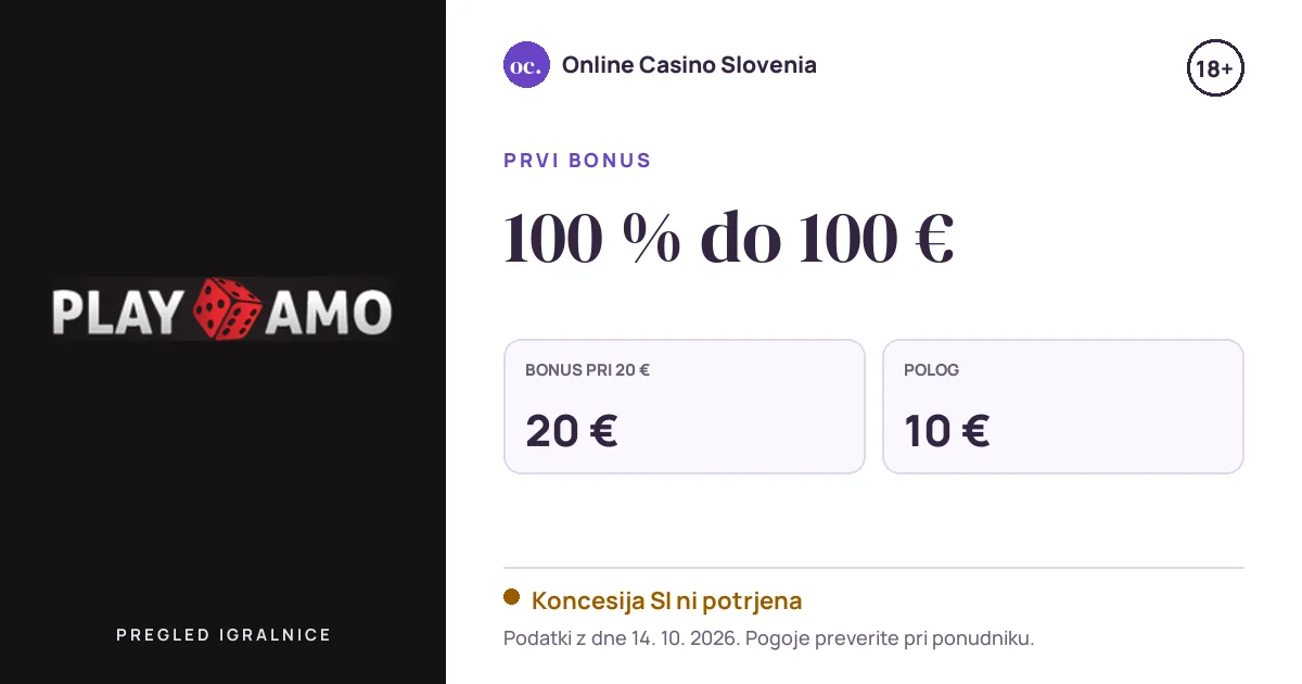 Bonus Playamo: 100 % do 100 €, polog 10 €