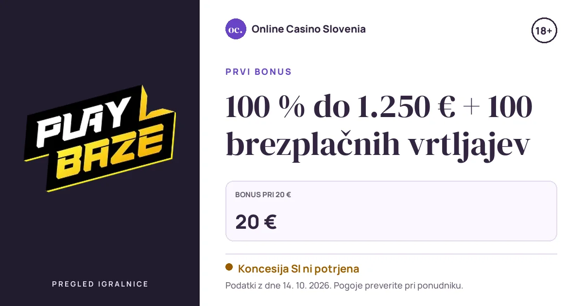 Bonus Playbaze Casino: 100 % do 1.250 € + 100 brezplačnih vrtljajev
