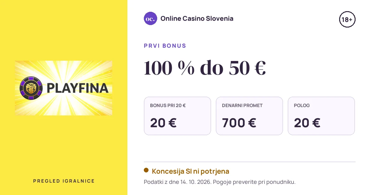 Bonus Playfina: 100 % do 50 €, polog 20 €, odigravanje 35×