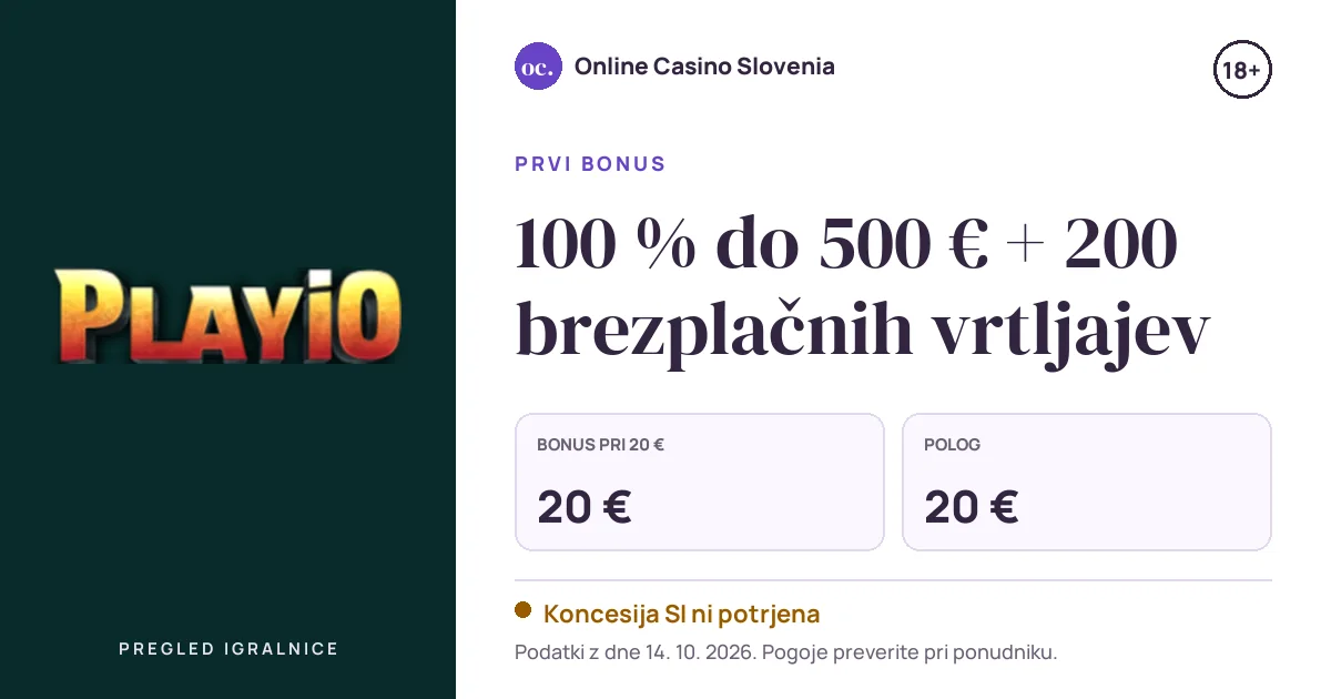 Bonus Playio: 100 % do 500 € + 200 brezplačnih vrtljajev, polog 20 €