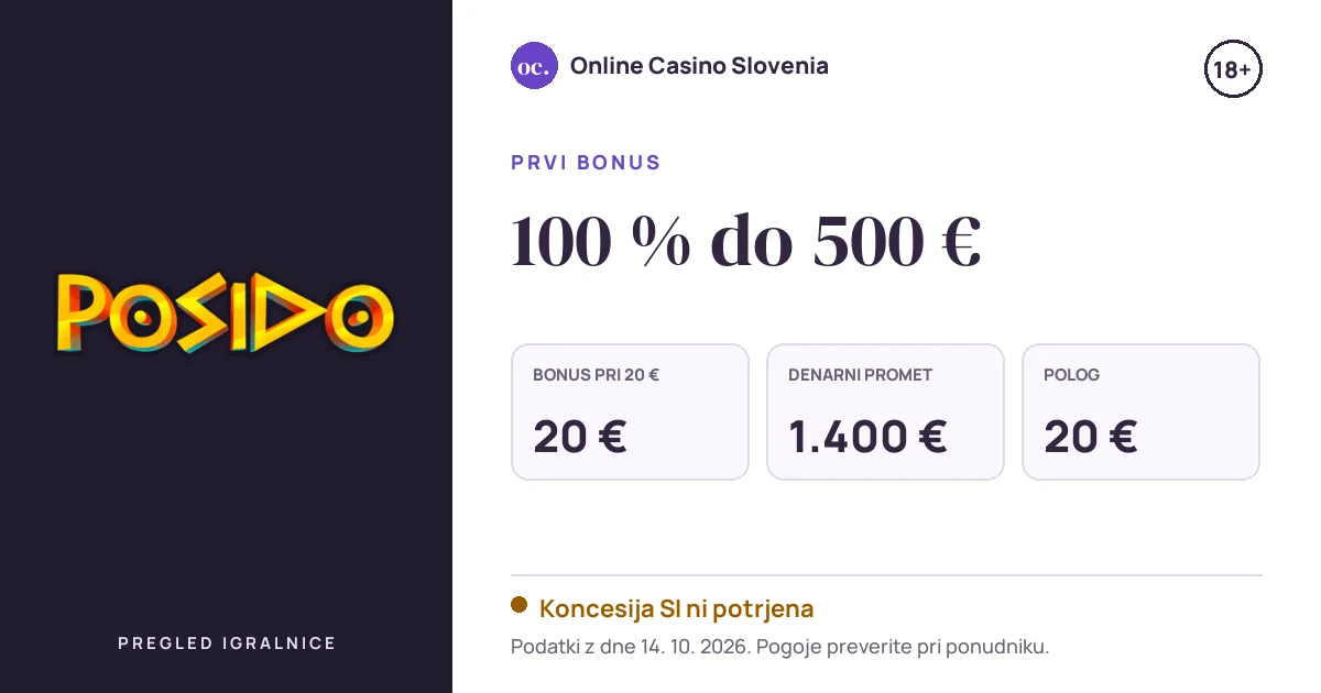 Bonus Posido Casino: 100 % do 500 €, polog 20 €, odigravanje 35×