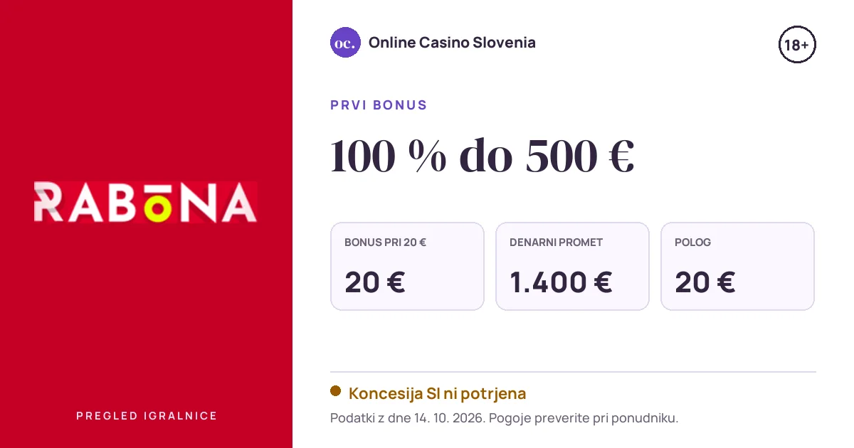 Bonus Rabona: 100 % do 500 €, polog 20 €, odigravanje 35×