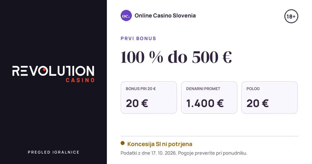 Bonus Revolution Casino: 100 % do 500 €, polog 20 €, odigravanje 35×