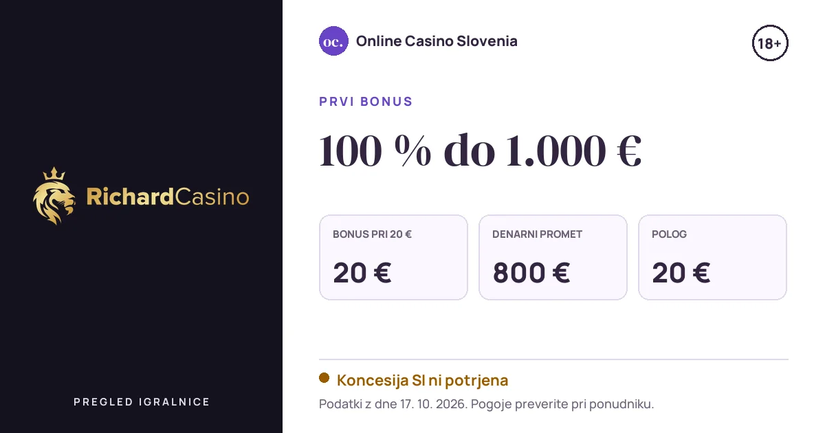 Bonus Richard Casino: 100 % do 1.000 €, polog 20 €, odigravanje 40×