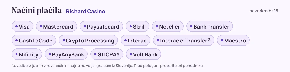 Načini plačila pri Richard Casino: Visa, Mastercard, Paysafecard, Skrill, Neteller, Bank Transfer in še 9