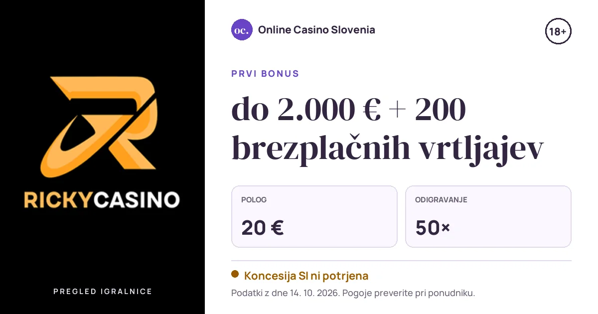 Bonus Ricky: do 2.000 € + 200 brezplačnih vrtljajev, polog 20 €, odigravanje 50×