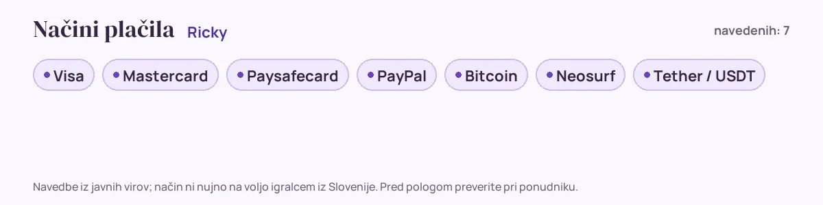 Načini plačila pri Ricky: Visa, Mastercard, Paysafecard, PayPal, Bitcoin, Neosurf in še 1