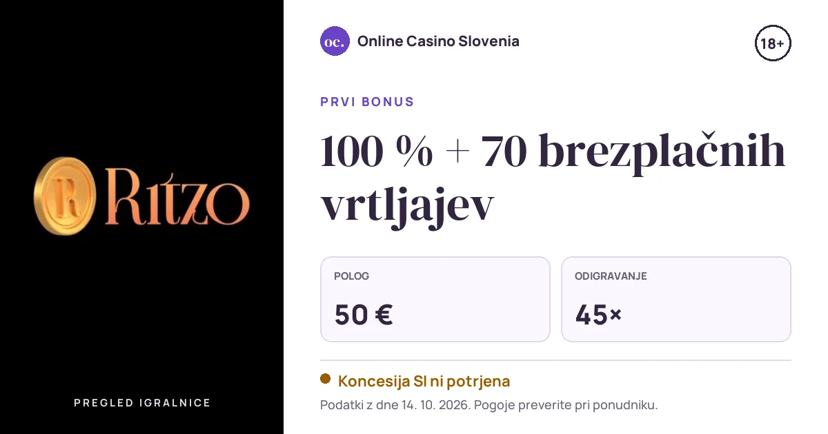 Bonus Ritzo: 100 % + 70 brezplačnih vrtljajev, polog 50 €, odigravanje 45×