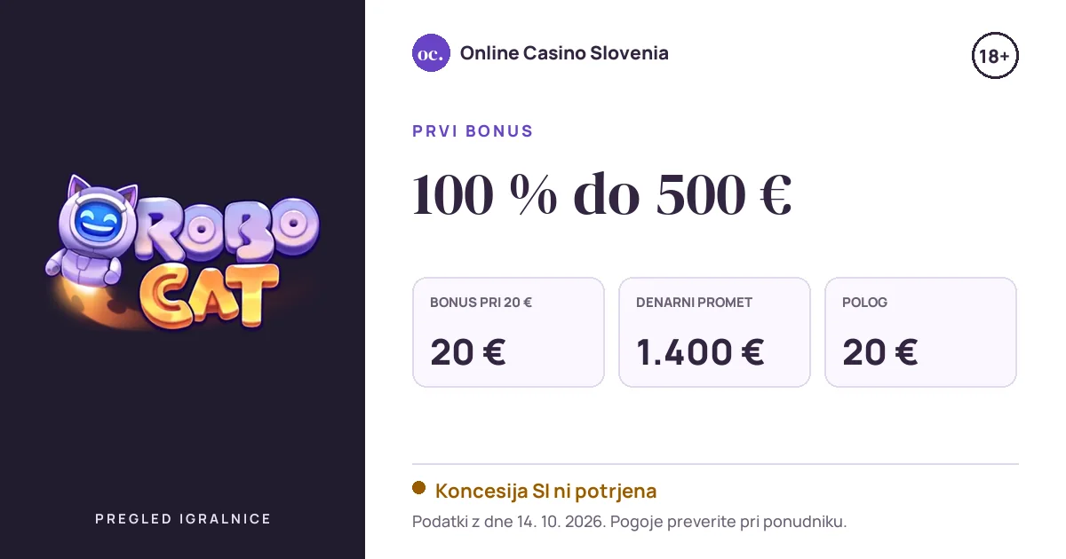Bonus Robocat Casino: 100 % do 500 €, polog 20 €, odigravanje 35×