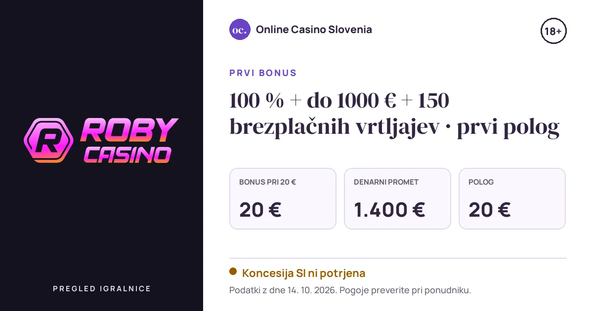 Bonus Roby: 100 % + do 1000 € + 150 brezplačnih vrtljajev · prvi polog, polog 20 €, odigravanje 35×