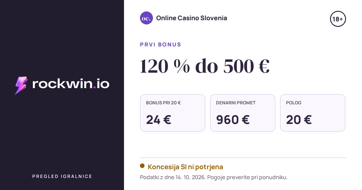 Bonus Rockwin Casino: 120 % do 500 €, polog 20 €, odigravanje 40×