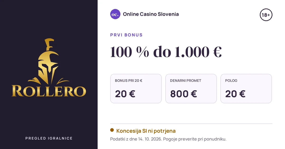 Bonus Rollero Casino: 100 % do 1.000 €, polog 20 €, odigravanje 40×