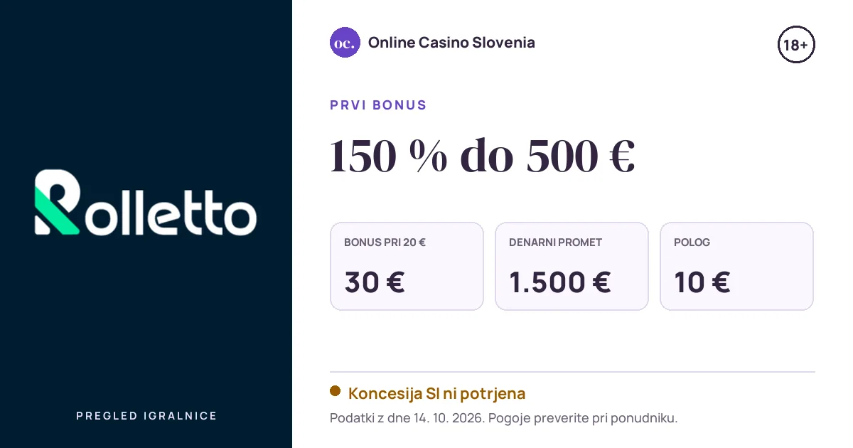 Bonus Rolletto: 150 % do 500 €, polog 10 €, odigravanje 30×