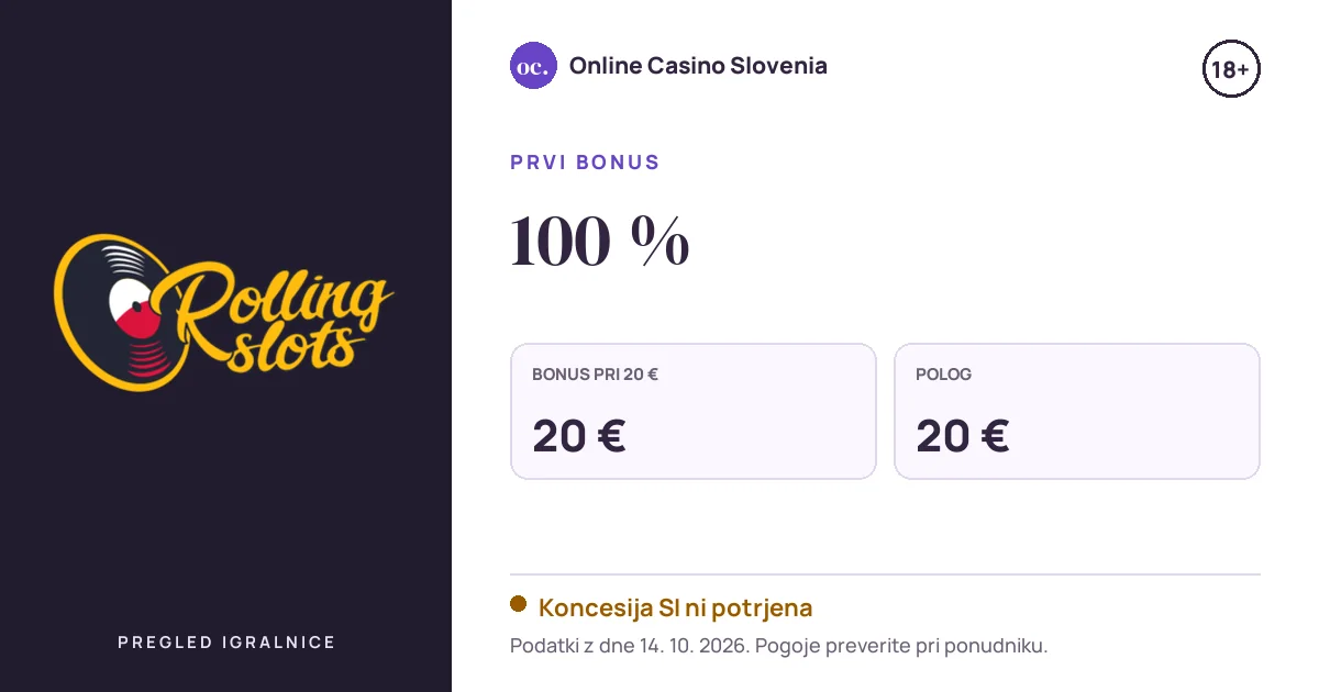 Bonus Rolling Slots: 100 %, polog 20 €