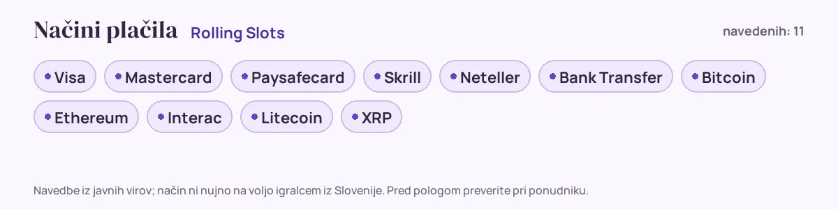 Načini plačila pri Rolling Slots: Visa, Mastercard, Paysafecard, Skrill, Neteller, Bank Transfer in še 5