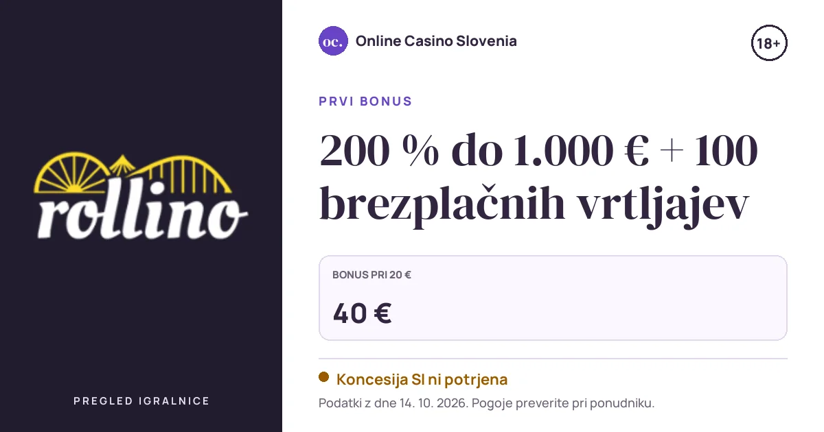 Bonus Rollino Casino: 200 % do 1.000 € + 100 brezplačnih vrtljajev