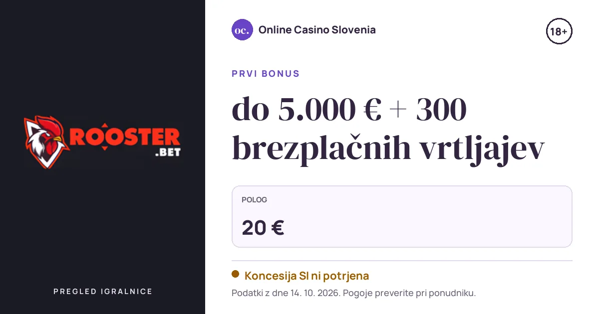 Bonus Rooster Bet: do 5.000 € + 300 brezplačnih vrtljajev, polog 20 €