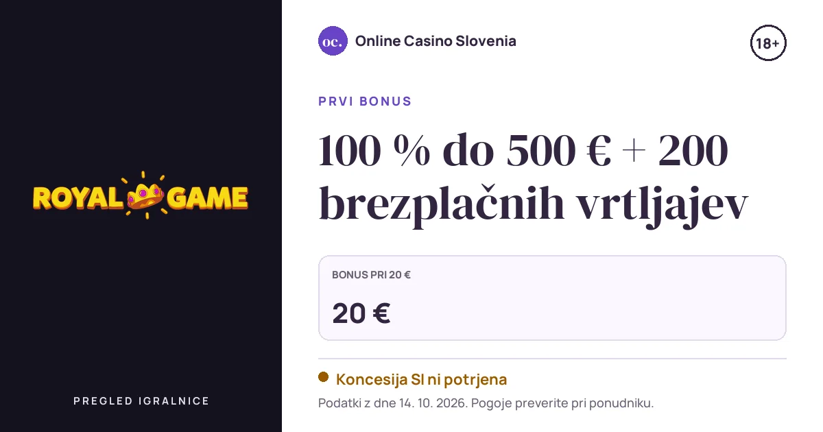 Bonus Royalgame Casino: 100 % do 500 € + 200 brezplačnih vrtljajev
