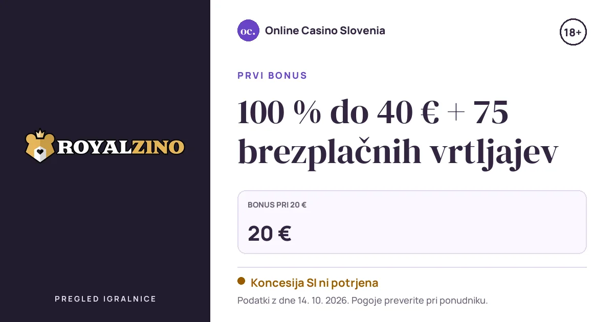Bonus Royalzino Casino: 100 % do 40 € + 75 brezplačnih vrtljajev