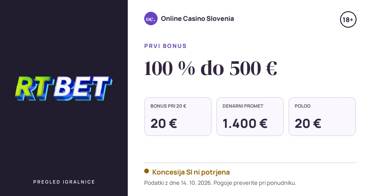 Bonus RTbet Casino: 100 % do 500 €, polog 20 €, odigravanje 35×