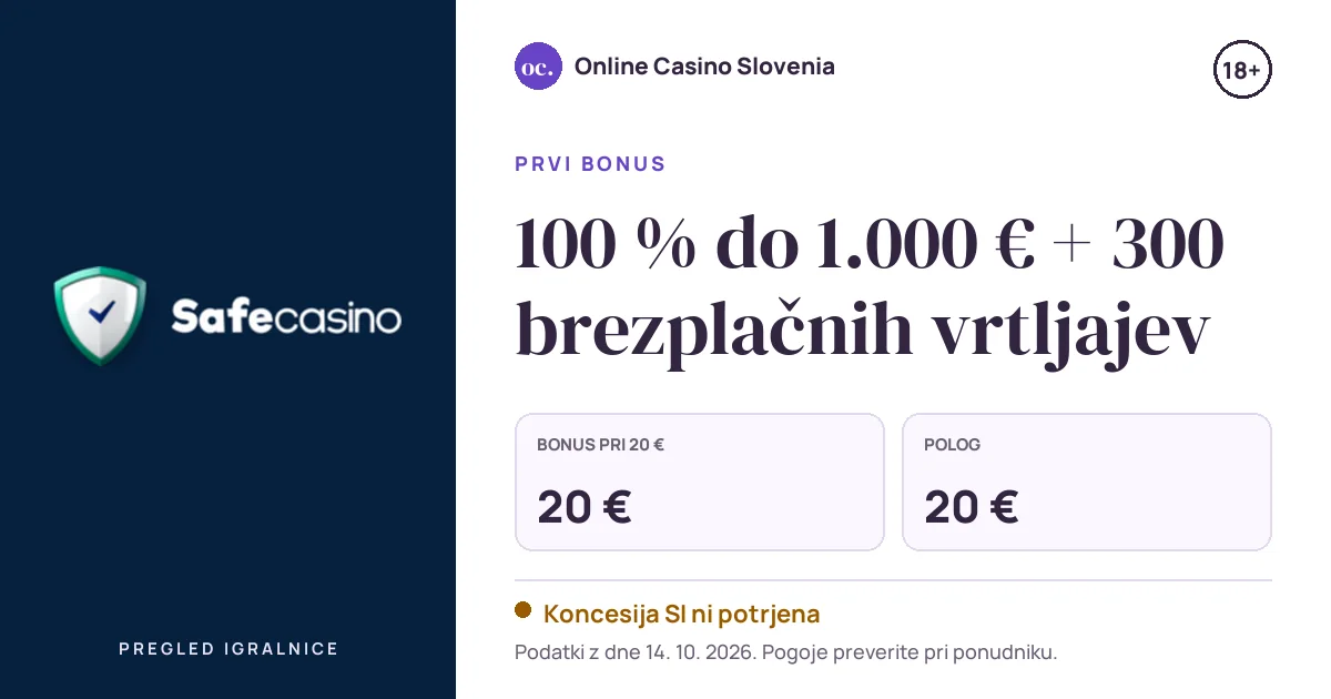 Bonus SafeCasino: 100 % do 1.000 € + 300 brezplačnih vrtljajev, polog 20 €
