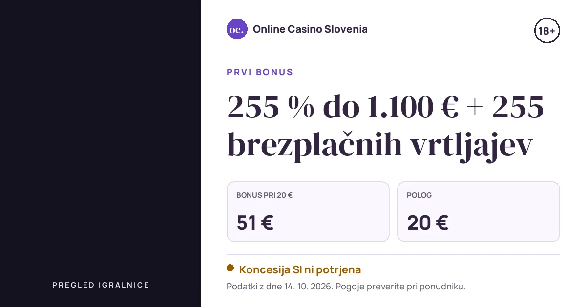 Bonus Slota Casino: 255 % do 1.100 € + 255 brezplačnih vrtljajev, polog 20 €