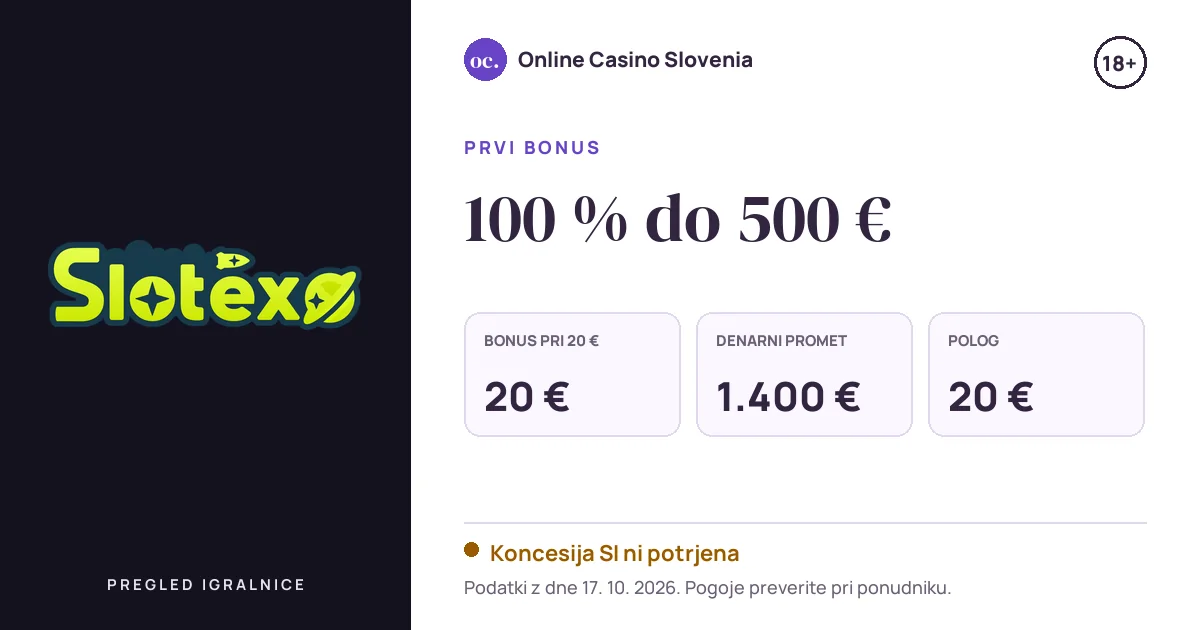 Bonus Slotexo Casino: 100 % do 500 €, polog 20 €, odigravanje 35×
