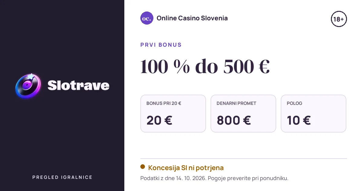 Bonus Slotrave Casino: 100 % do 500 €, polog 10 €, odigravanje 40×