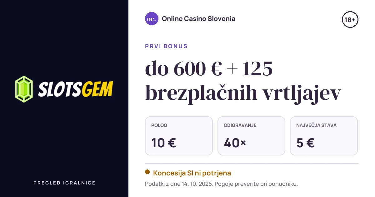 Bonus SlotsGem: do 600 € + 125 brezplačnih vrtljajev, polog 10 €, odigravanje 40×