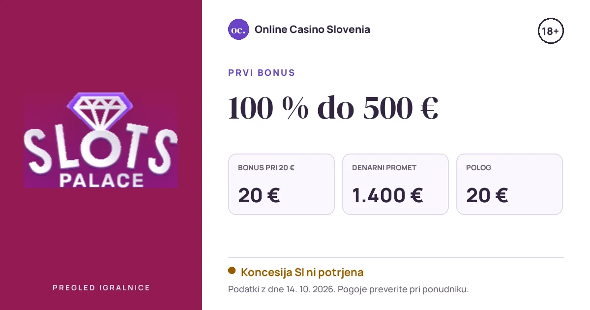 Bonus Slots Palace: 100 % do 500 €, polog 20 €, odigravanje 35×