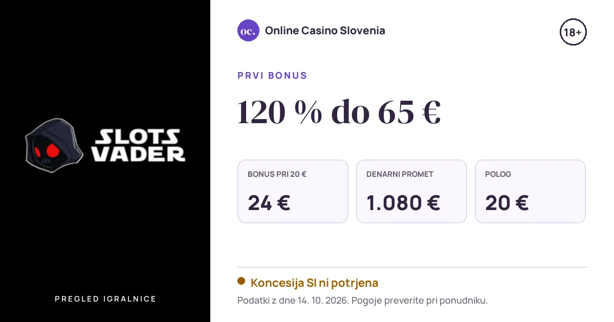 Bonus SlotsVader: 120 % do 65 €, polog 20 €, odigravanje 45×