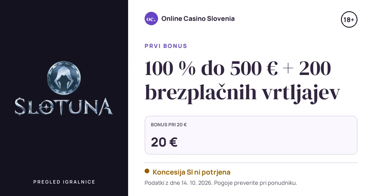 Bonus Slotuna Casino: 100 % do 500 € + 200 brezplačnih vrtljajev