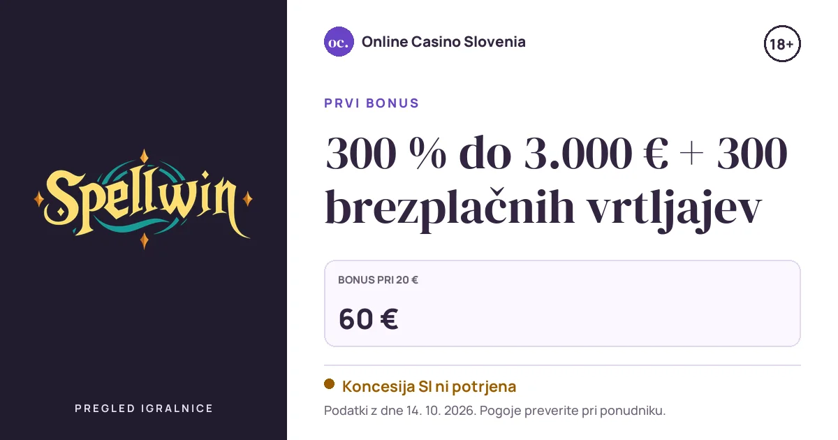 Bonus Spellwin Casino: 300 % do 3.000 € + 300 brezplačnih vrtljajev
