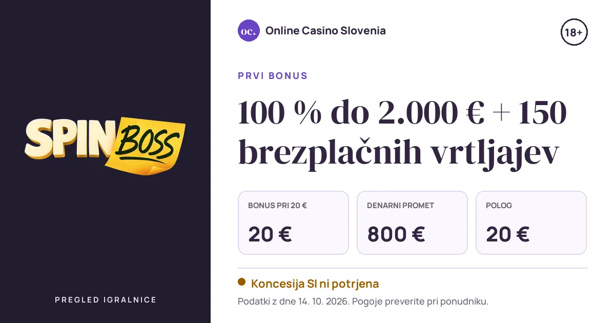 Bonus Spinboss Casino: 100 % do 2.000 € + 150 brezplačnih vrtljajev, polog 20 €, odigravanje 20×