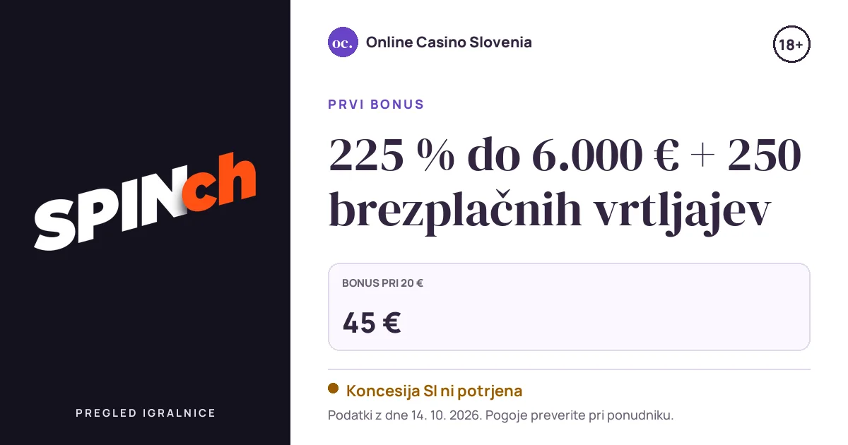 Bonus Spinch Casino: 225 % do 6.000 € + 250 brezplačnih vrtljajev