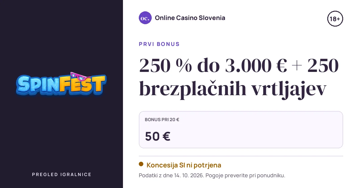 Bonus Spinfest Casino: 250 % do 3.000 € + 250 brezplačnih vrtljajev
