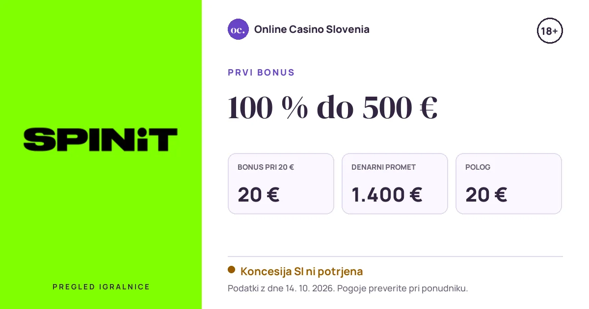 Bonus Spinit: 100 % do 500 €, polog 20 €, odigravanje 35×