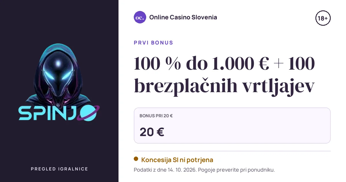 Bonus Spinjo Casino: 100 % do 1.000 € + 100 brezplačnih vrtljajev