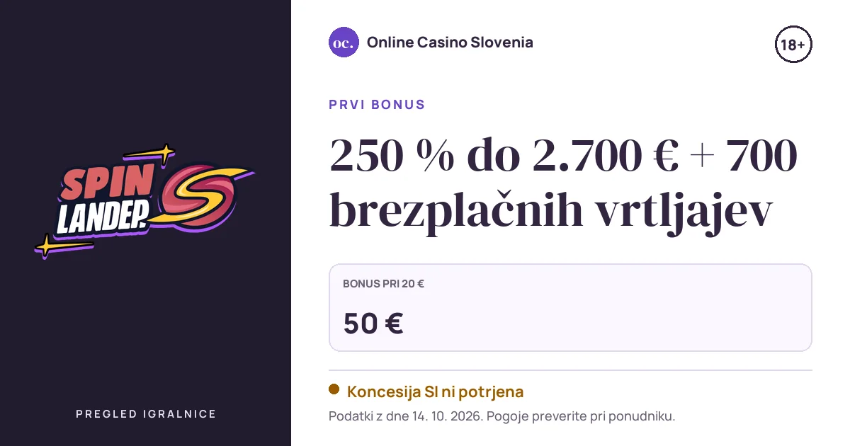 Bonus SpinLander Casino: 250 % do 2.700 € + 700 brezplačnih vrtljajev