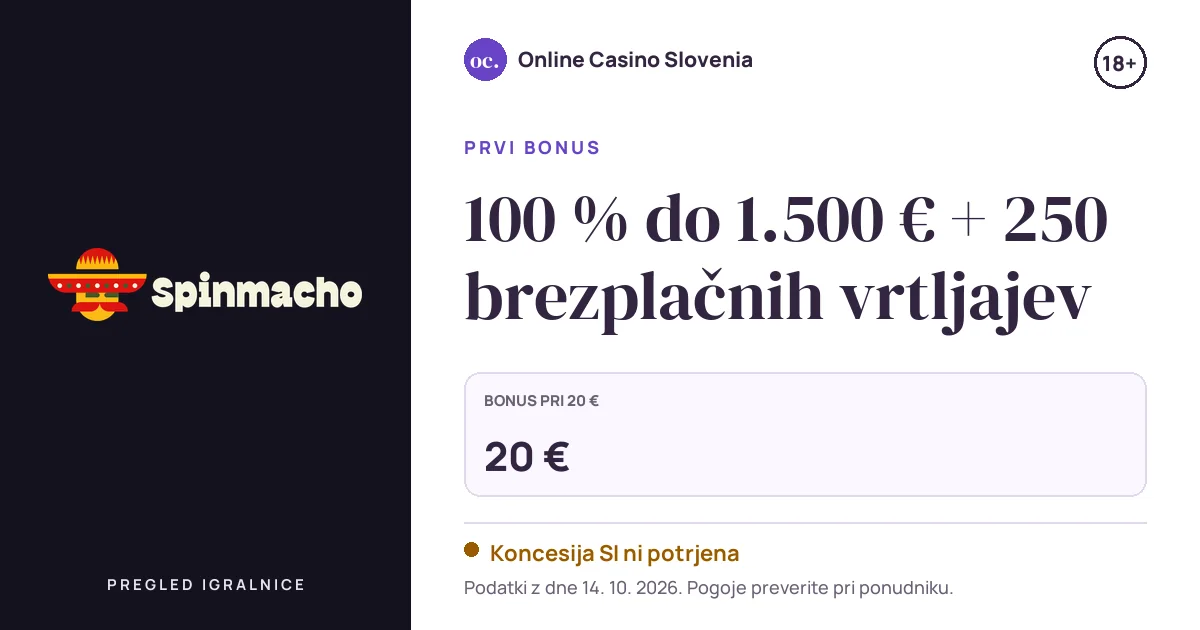Bonus SpinMacho Casino: 100 % do 1.500 € + 250 brezplačnih vrtljajev
