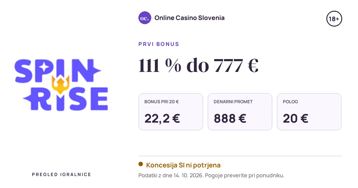 Bonus Spinrise: 111 % do 777 €, polog 20 €, odigravanje 40×