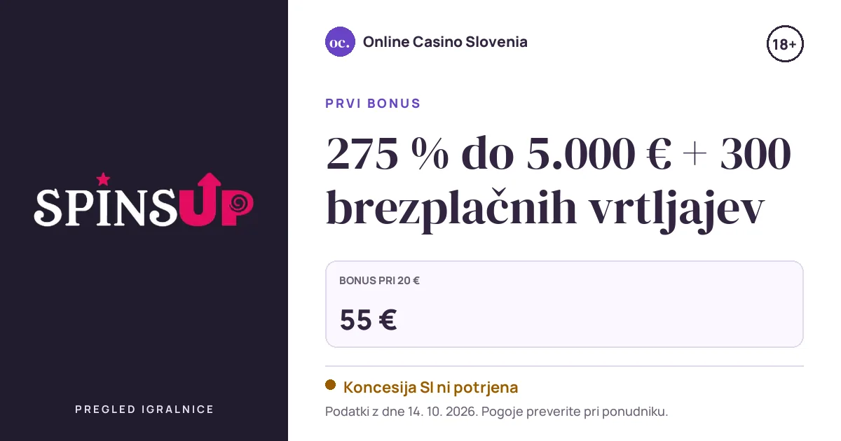 Bonus Spins Up Casino: 275 % do 5.000 € + 300 brezplačnih vrtljajev