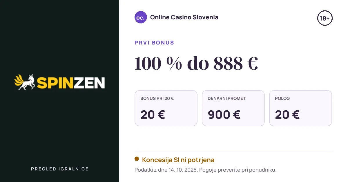 Bonus Spinzen: 100 % do 888 €, polog 20 €, odigravanje 45×