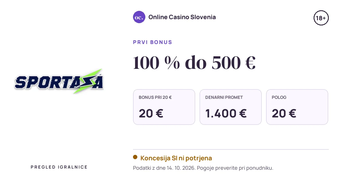 Bonus Sportaza: 100 % do 500 €, polog 20 €, odigravanje 35×